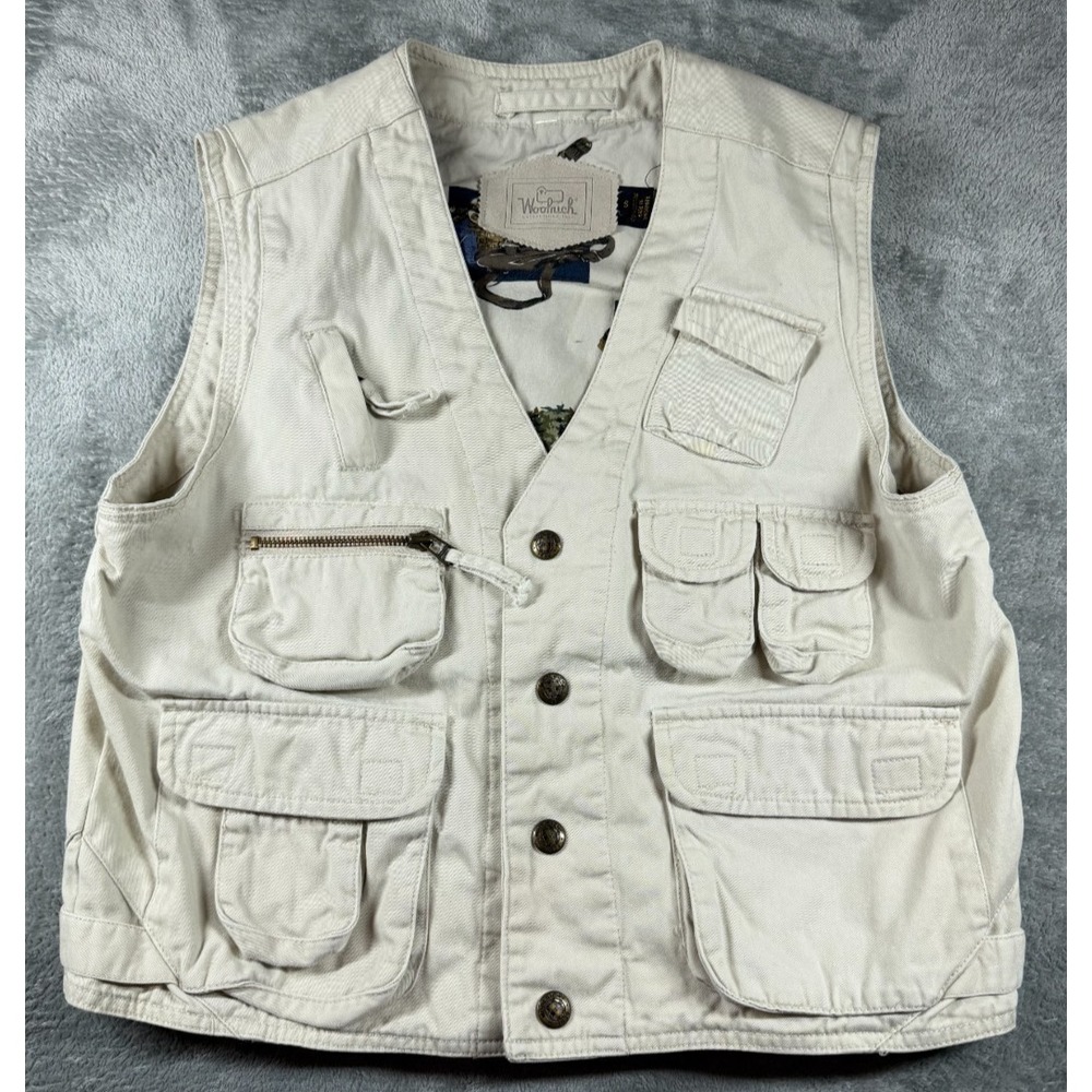Woolrich Fishing Vest Safari Utility Beige Cotton Multi Pocket Men's S